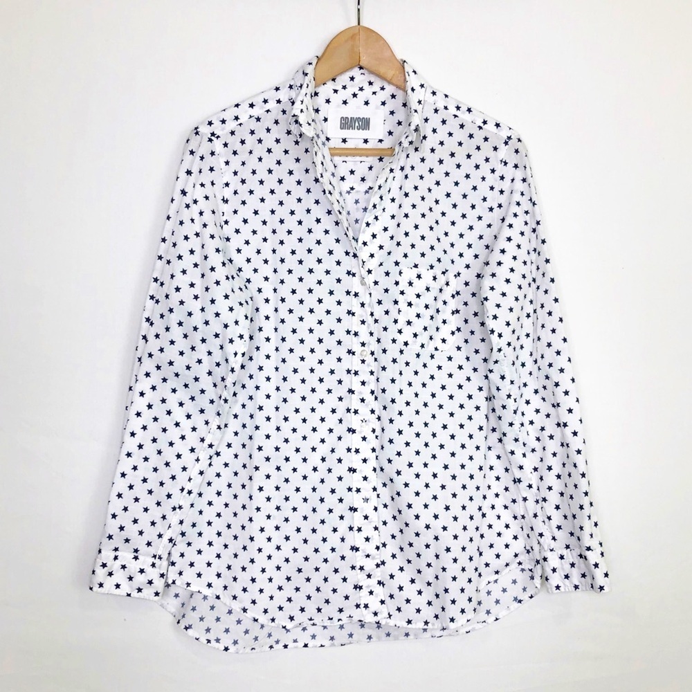 Anthropologie. Grayson, the hero with navy blue stars, button down shirt.
